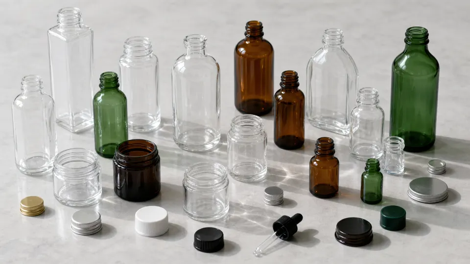 Clear, amber and green glass bottles and jars with separate closures