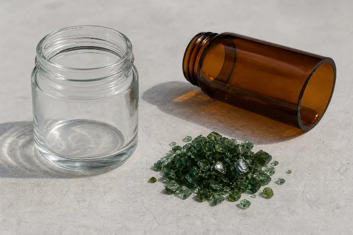 Clear, amber and green glass packaging material samples