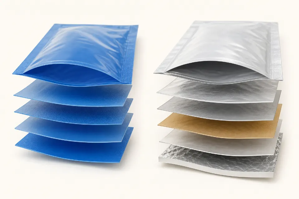 Exploded comparison of uniform mono-material pouch layers and mixed multilayer laminate layers