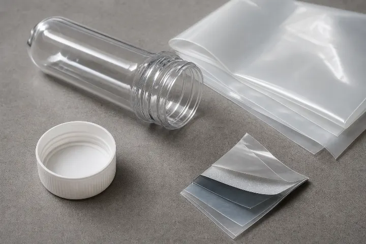 PET, polyethylene film, polypropylene closure and multilayer plastic packaging samples