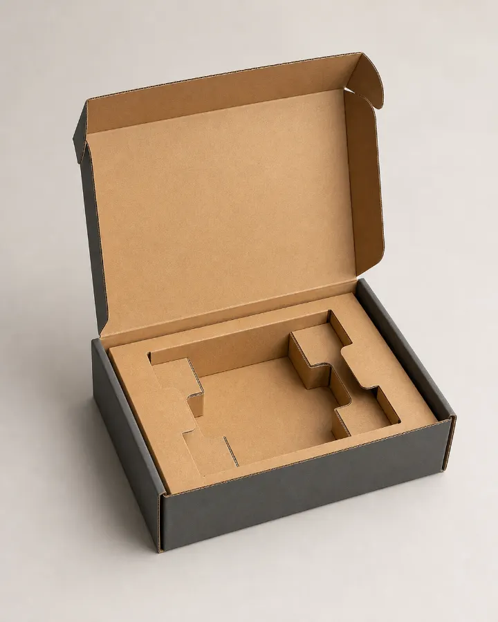 Right-sized corrugated transport box with fitted insert and minimal empty space